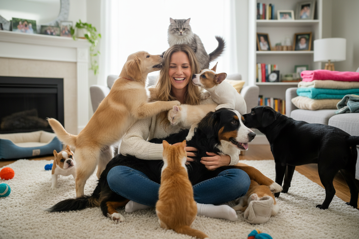 A person being overwhelmed with cats and dogs